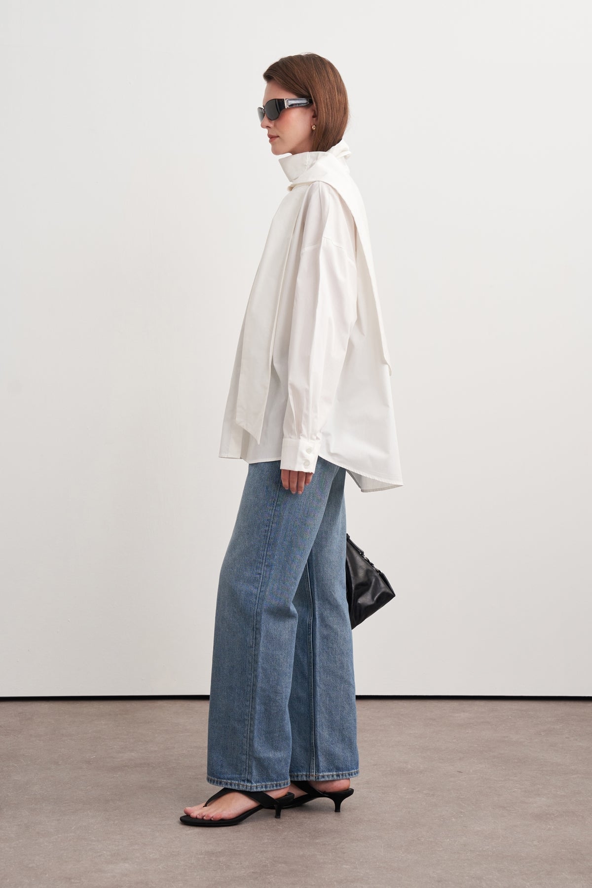 High-Neck Tie-Detail Poplin Shirt White