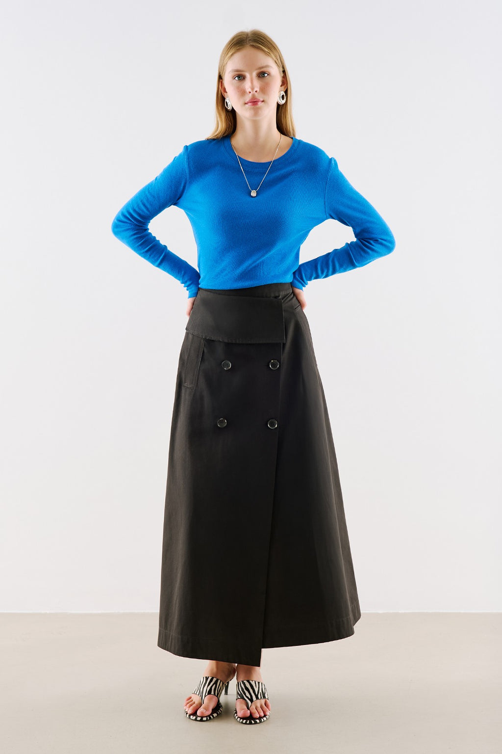 Wrap-Style Button-Detail Skirt Black