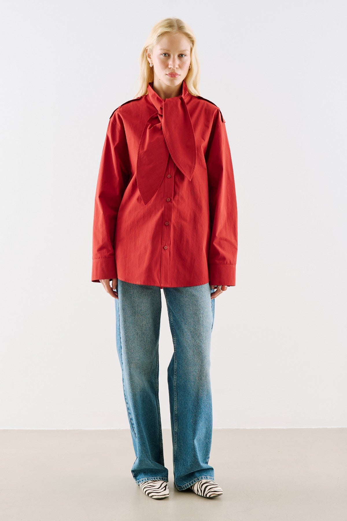 Scarf-Tie Collar Shirt Red