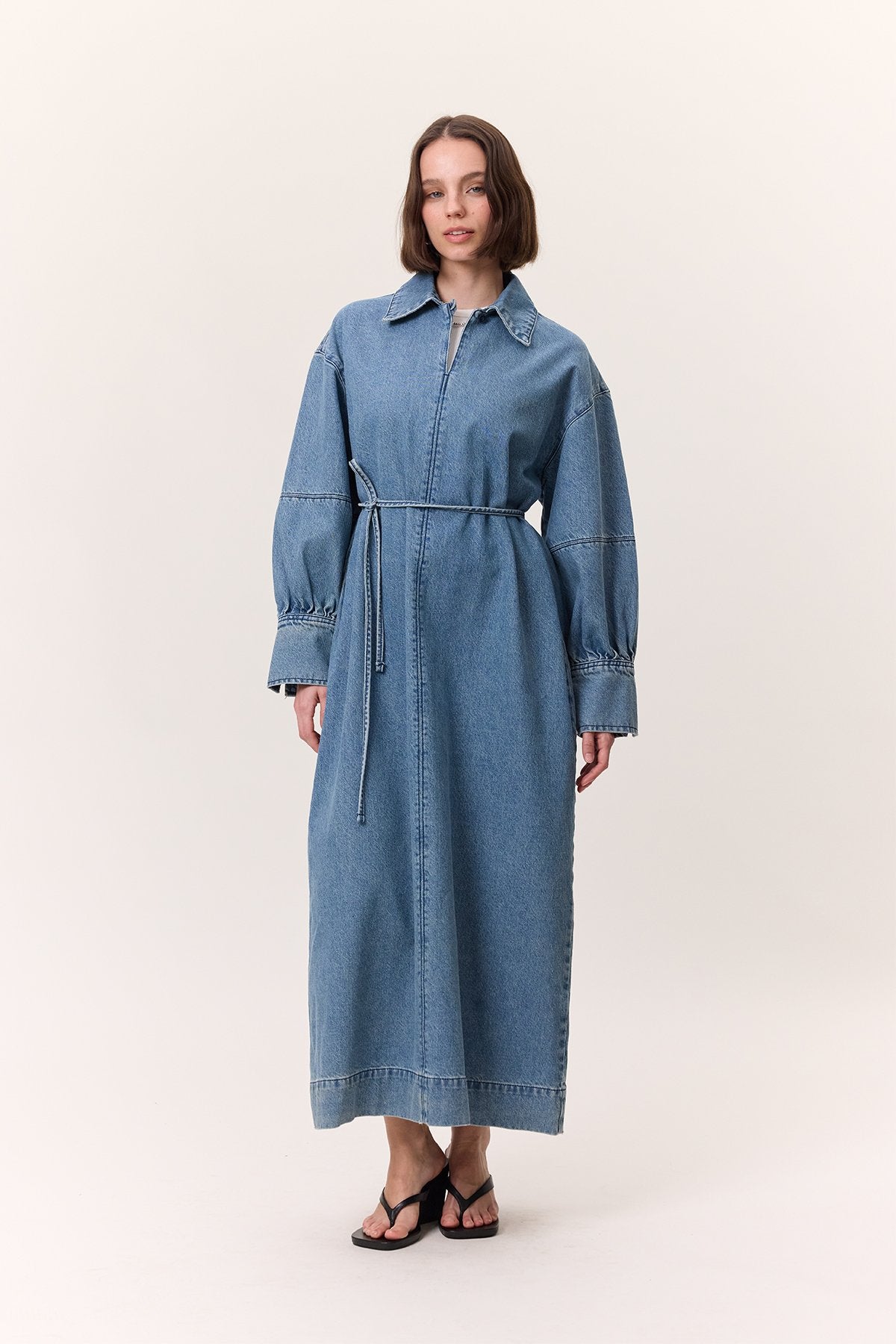 Cuff-Detail Denim Dress Light Blue
