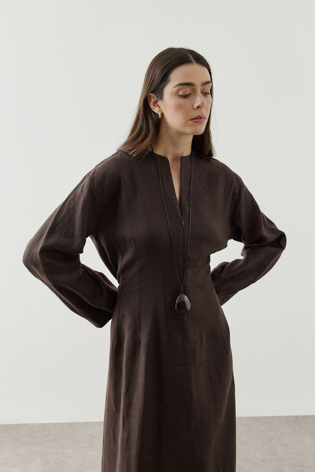 Linen Darted Zip-Up Dress Brown
