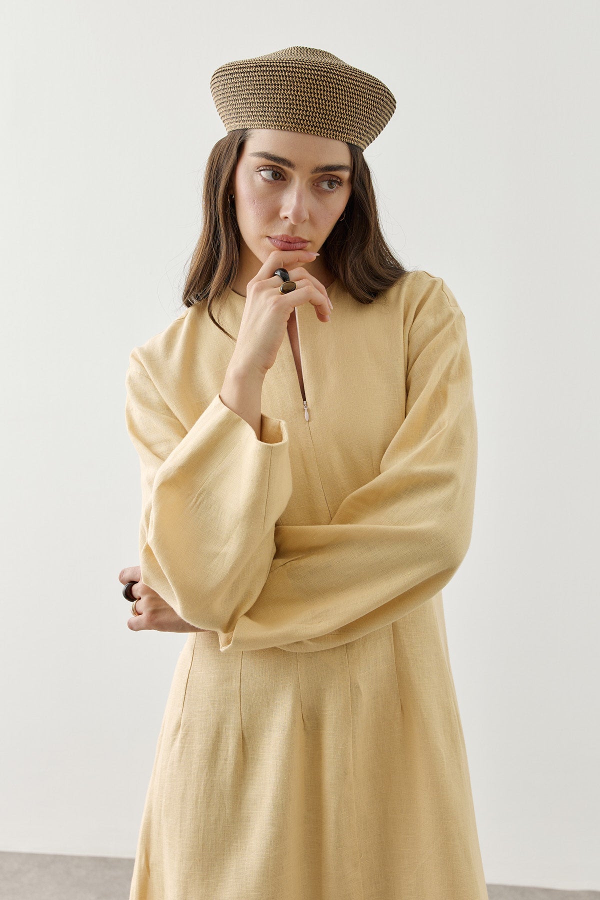 Linen Darted Zip-Up Dress Yellow