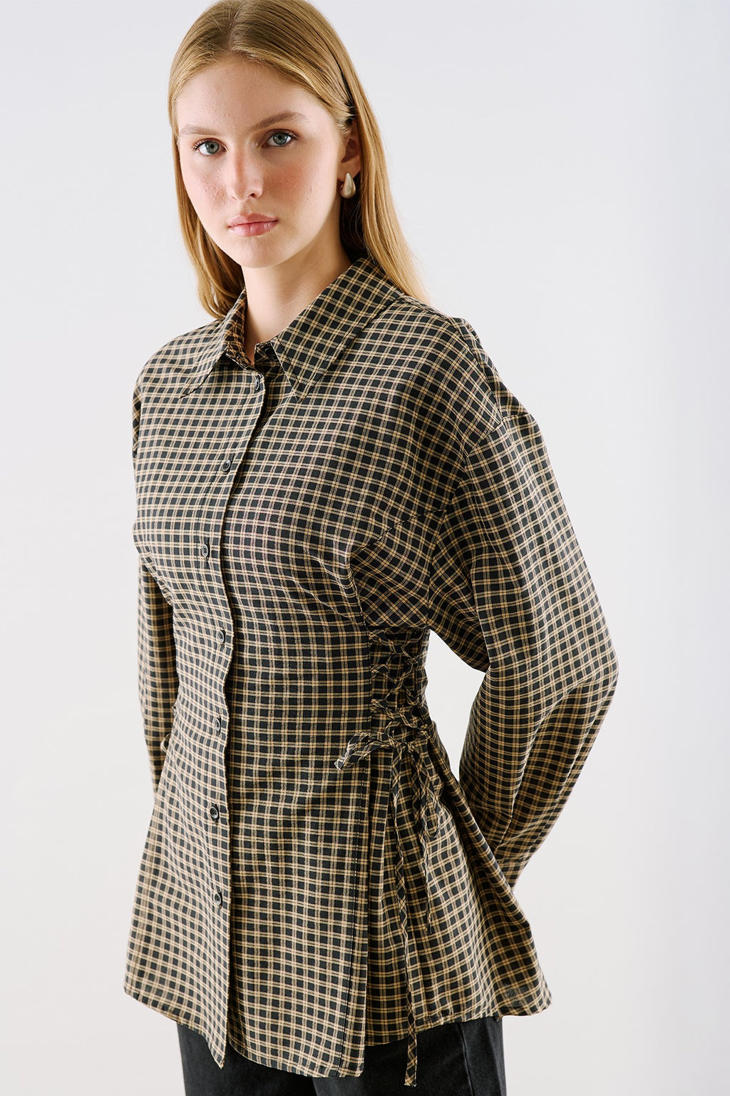 Waist-Tie Detail Shirt Plaid