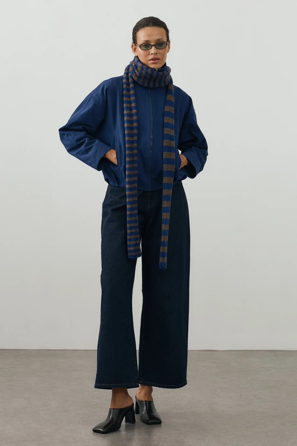 Striped Slim Scarf Royal Blue And Brownish Gray