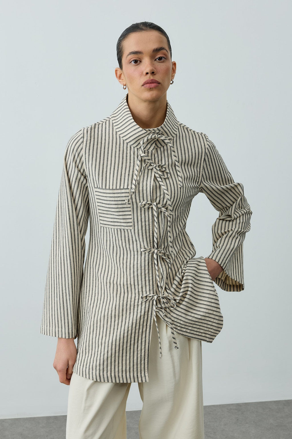 Striped Tie-Front Shirt Natural