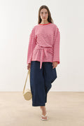 Scarf Detail Striped Long Sleeve Cotton T-Shirt Pink