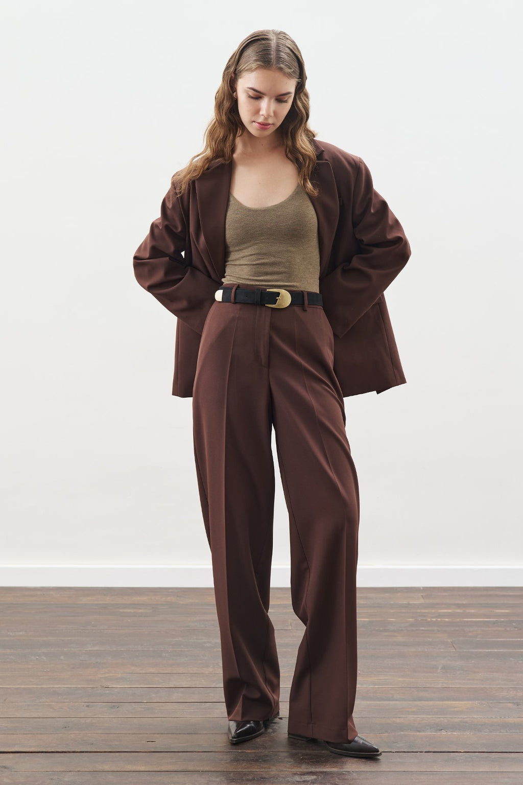 Long-Length Straight-Leg Pants Brown