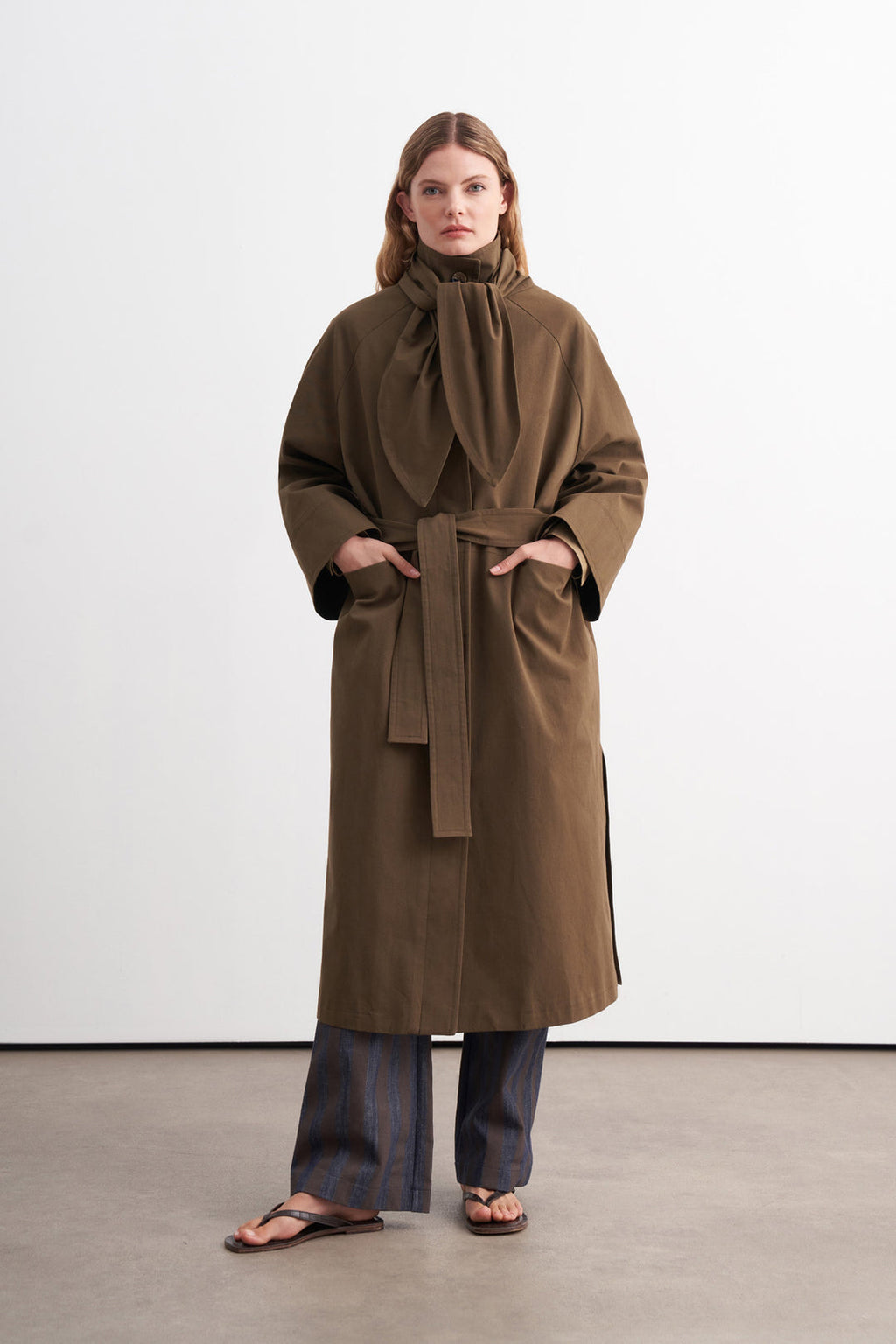 Premium Shawl-Detail Trench Coat Khaki