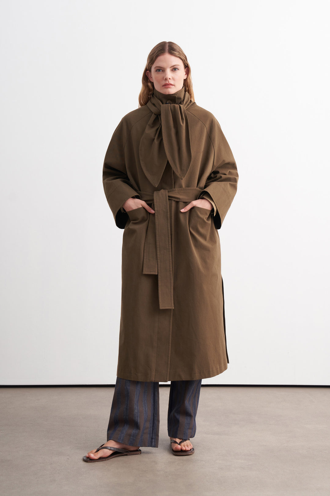 Premium Shawl-Detail Trench Coat Khaki