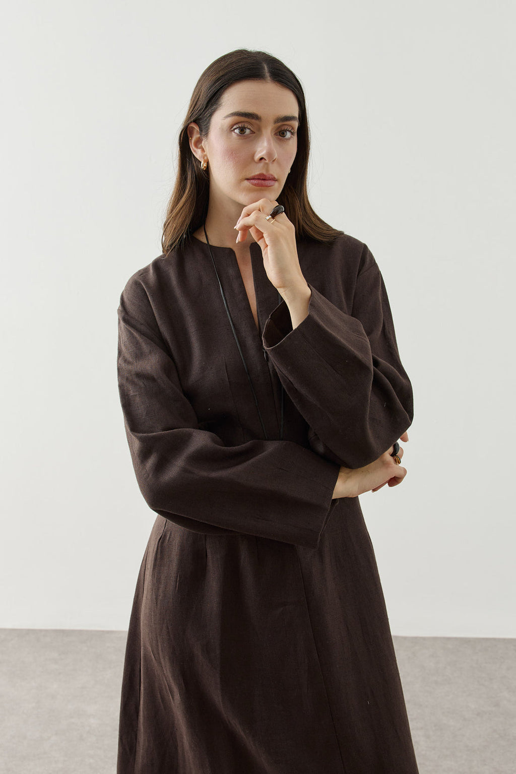Linen Darted Zip-Up Dress Brown