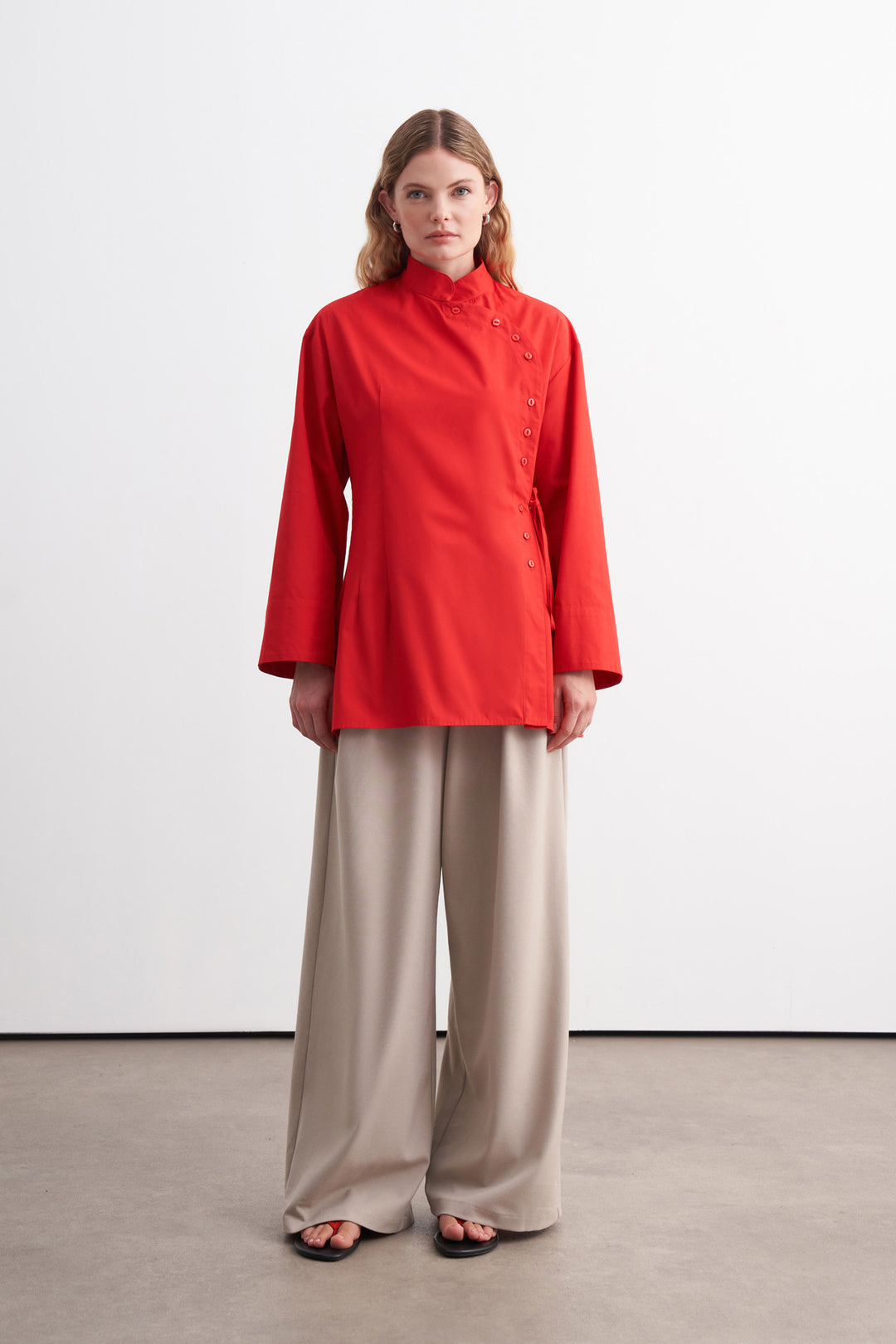 Side-Button Poplin Shirt Red