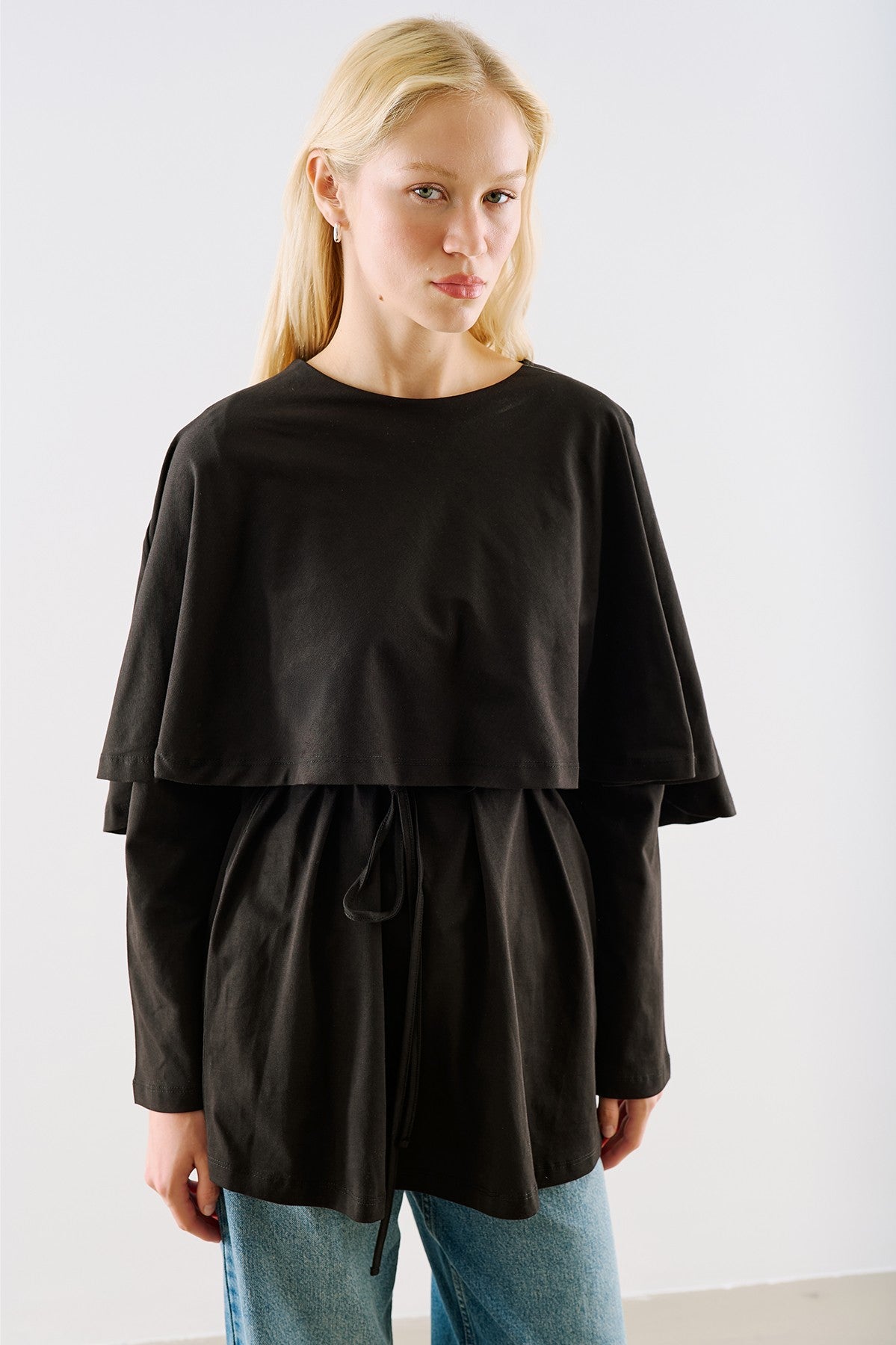 Cape-Style Belted Tunic Black