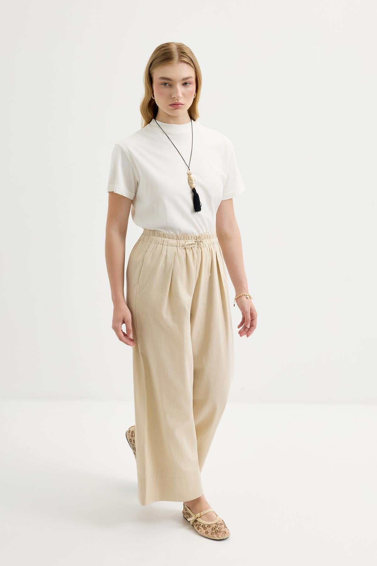 Doren Tie-Waist Linen Pants Light Beige