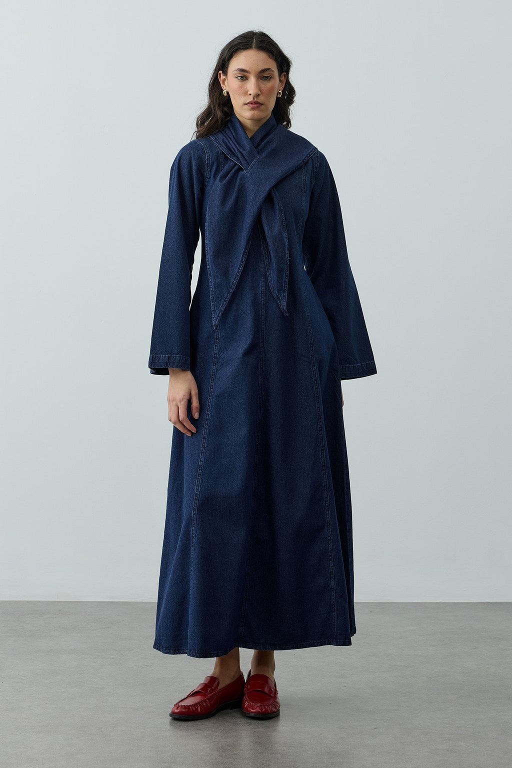 Scarf Detailed Denim Dress Navy Blue