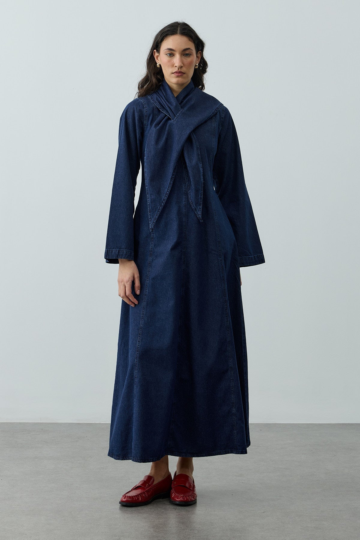 Scarf Detailed Denim Dress Navy Blue