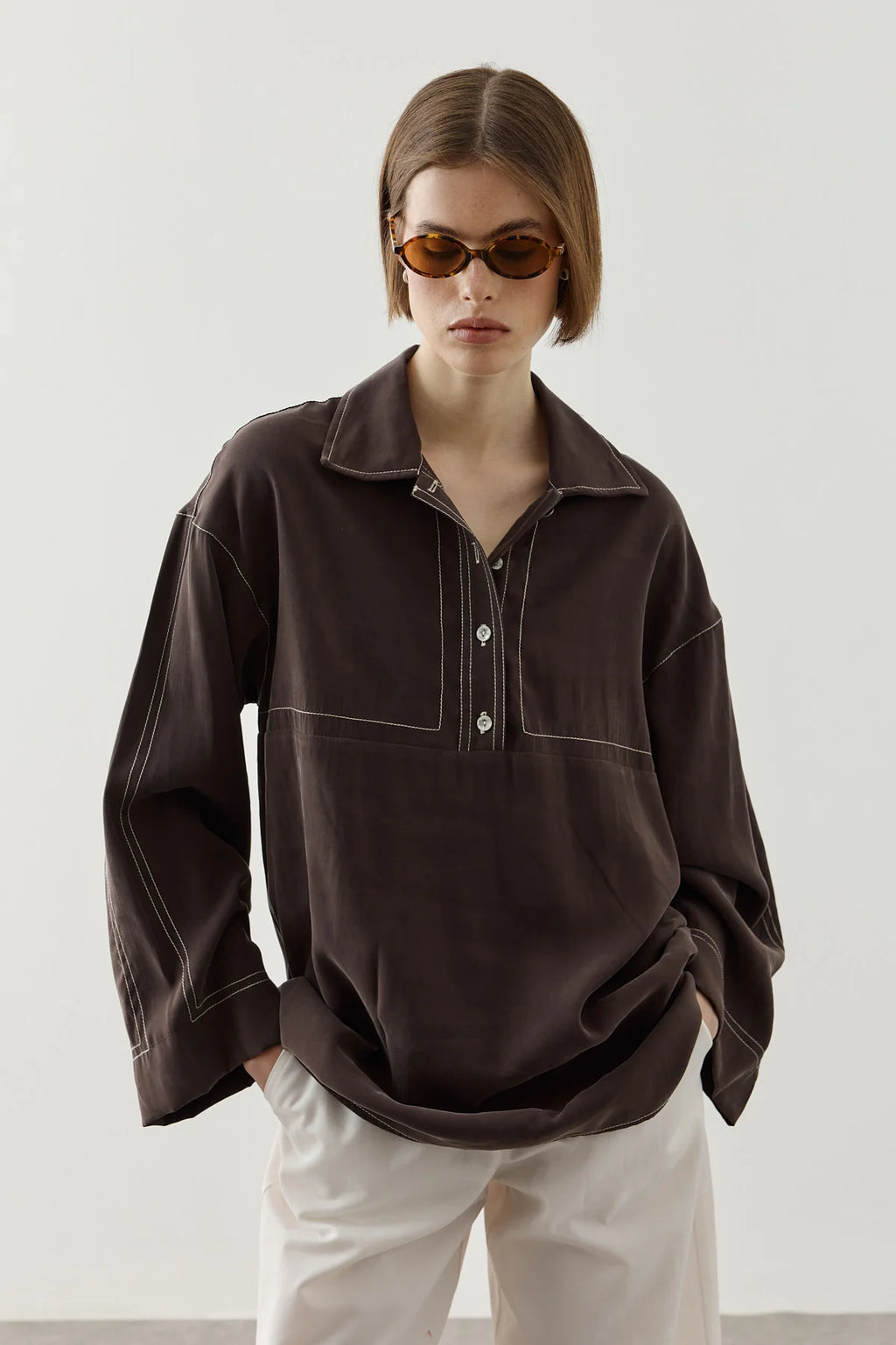 Contrast-Stitch Tencel Shirt Brown