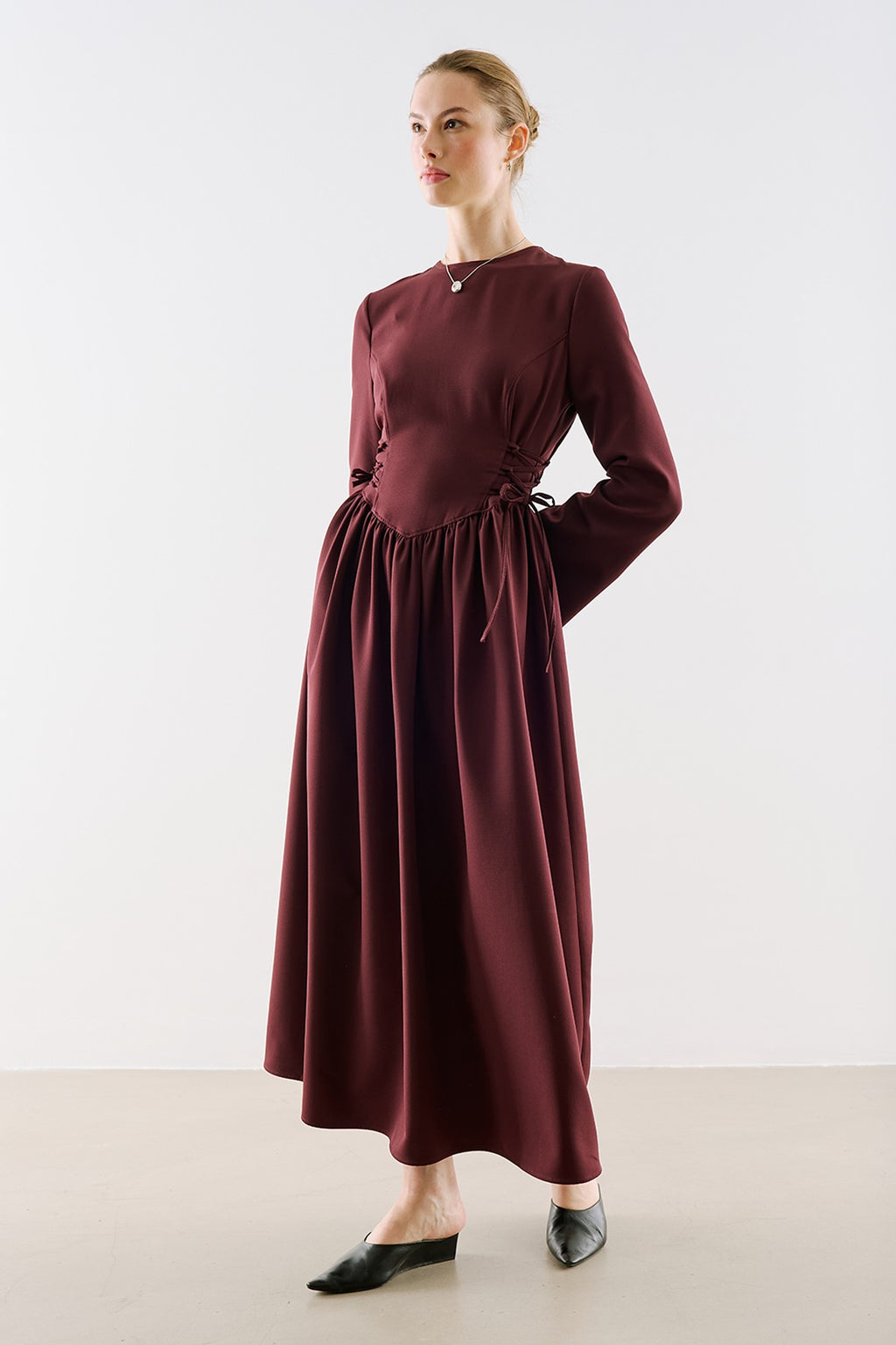 Waist-Fitted Tie-Detail Dress Burgundy