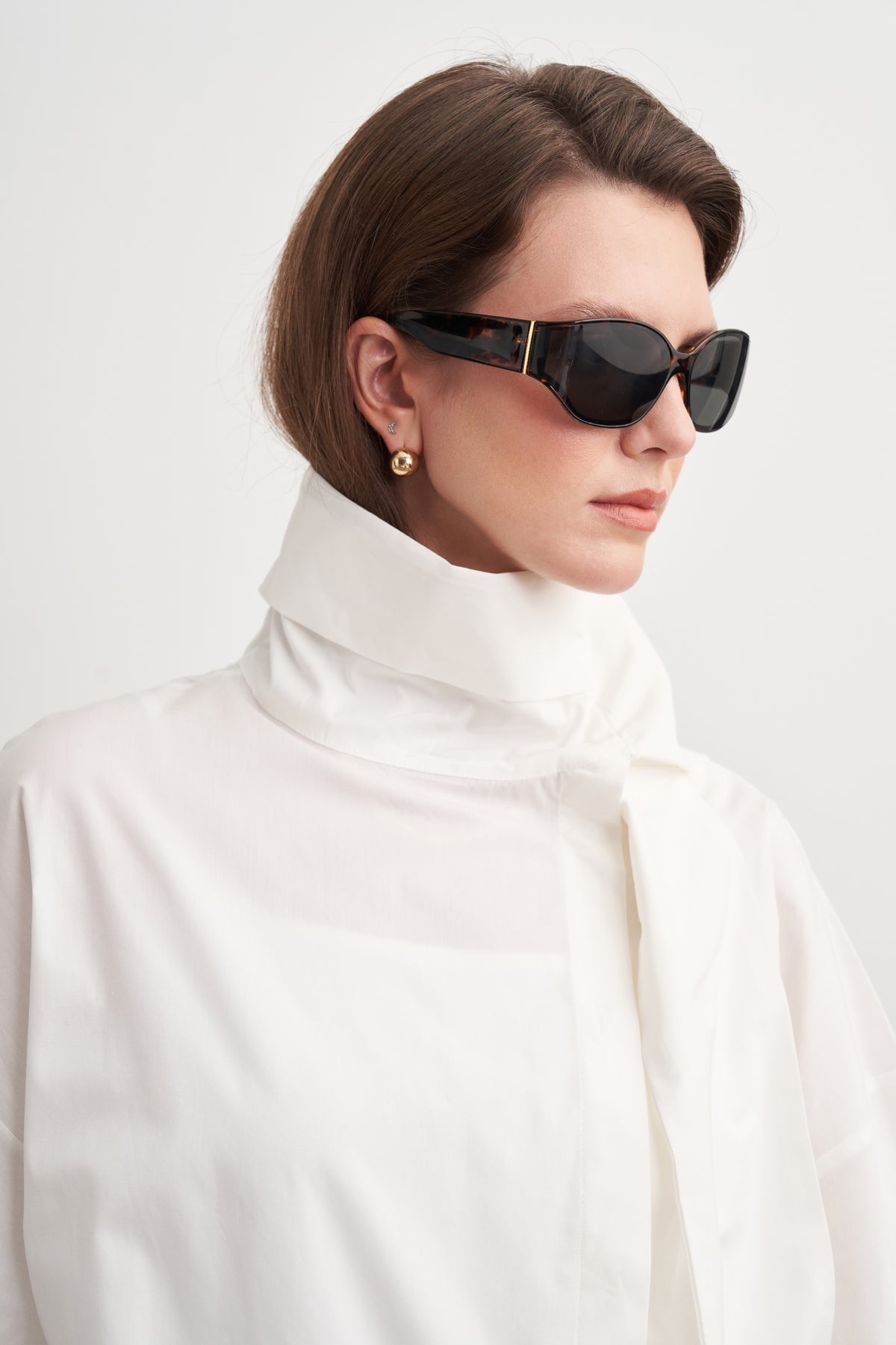 High-Neck Tie-Detail Poplin Shirt White
