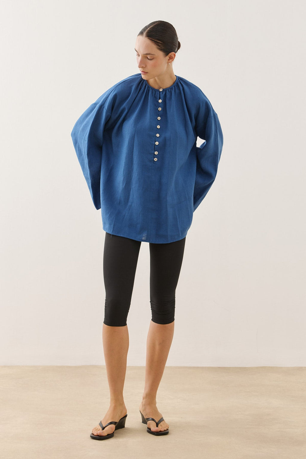 Crew Neck Linen Shirt Cobalt Blue