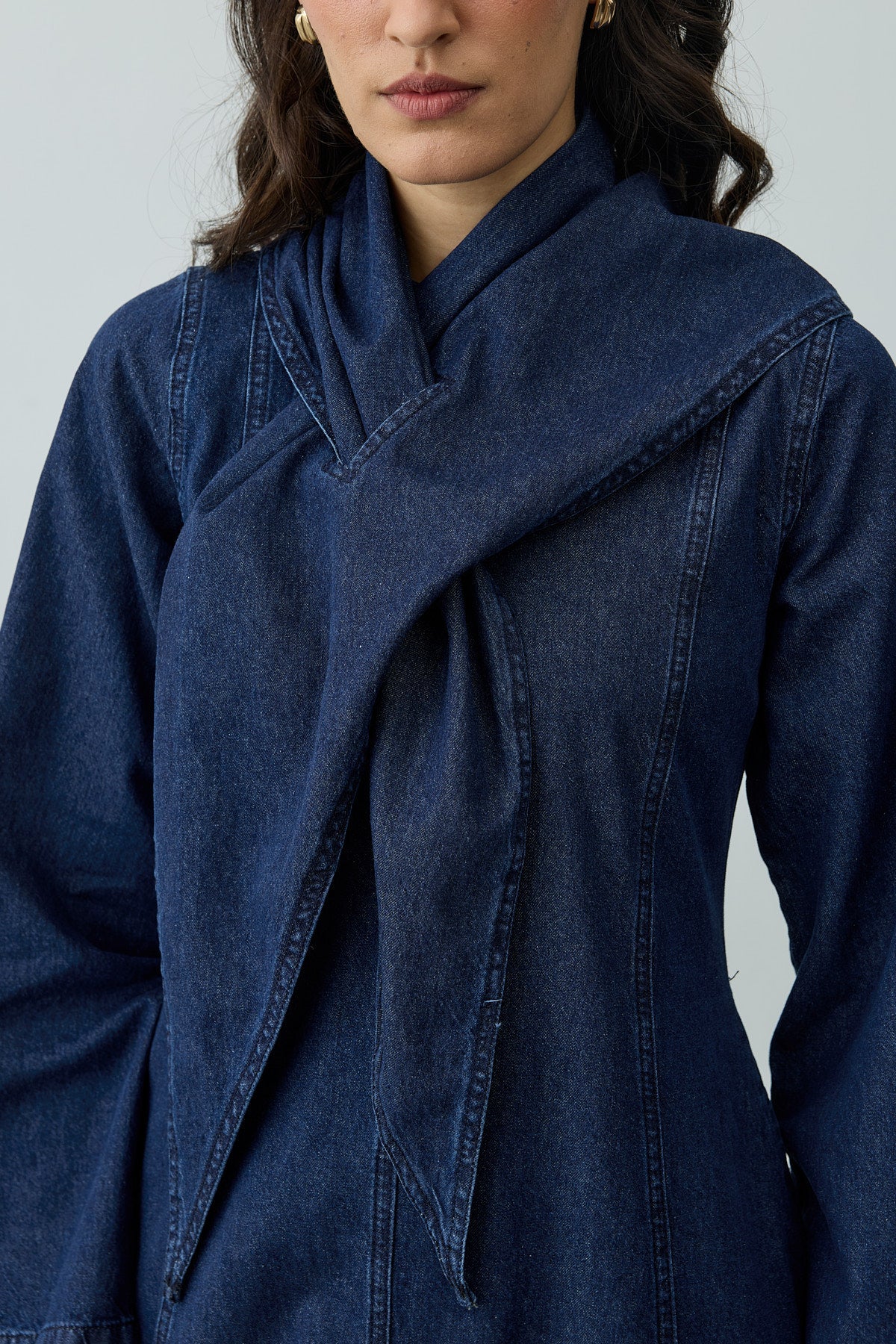 Scarf Detailed Denim Dress Navy Blue