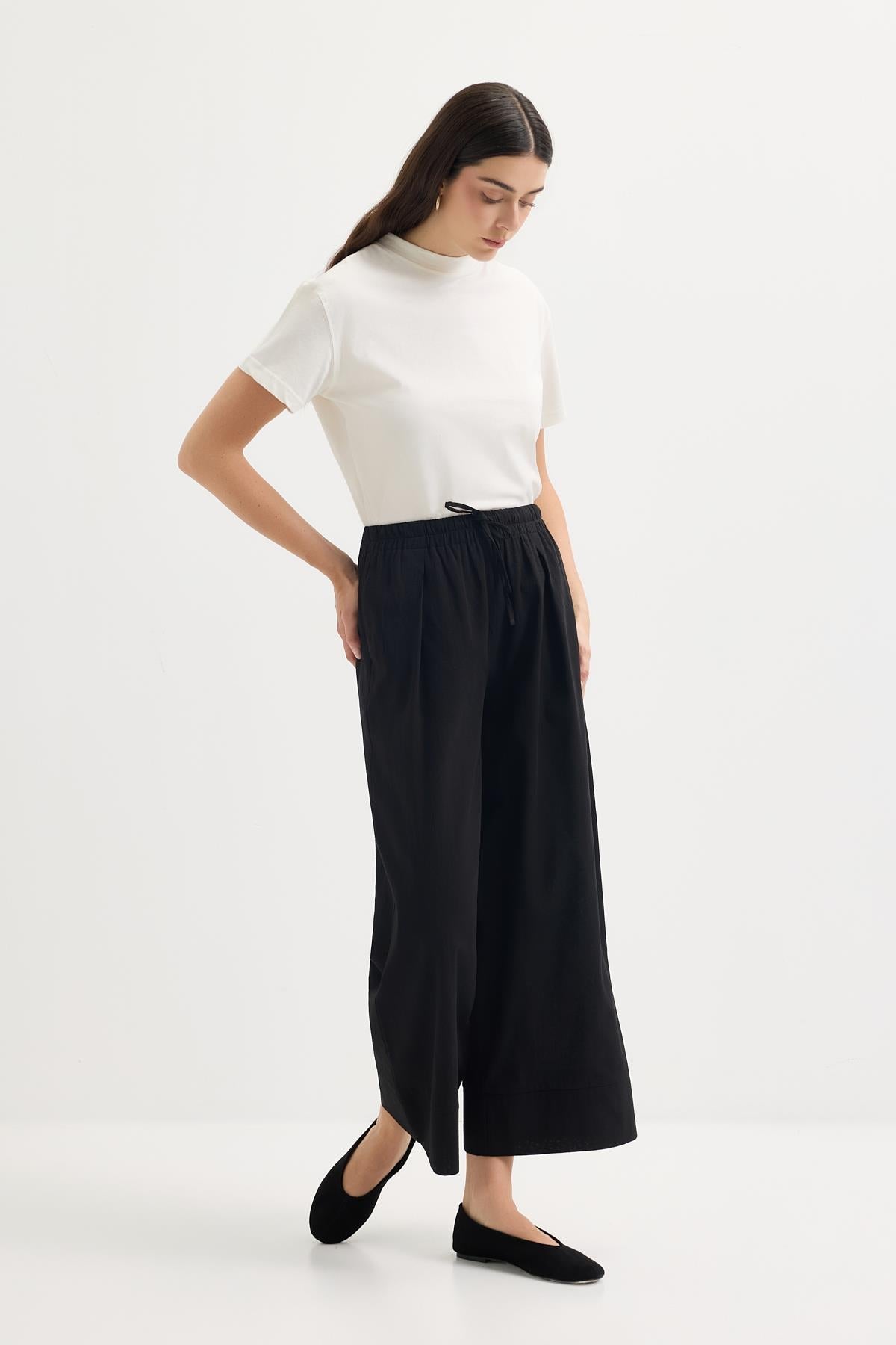 Doren Tie-Waist Linen Pants Black