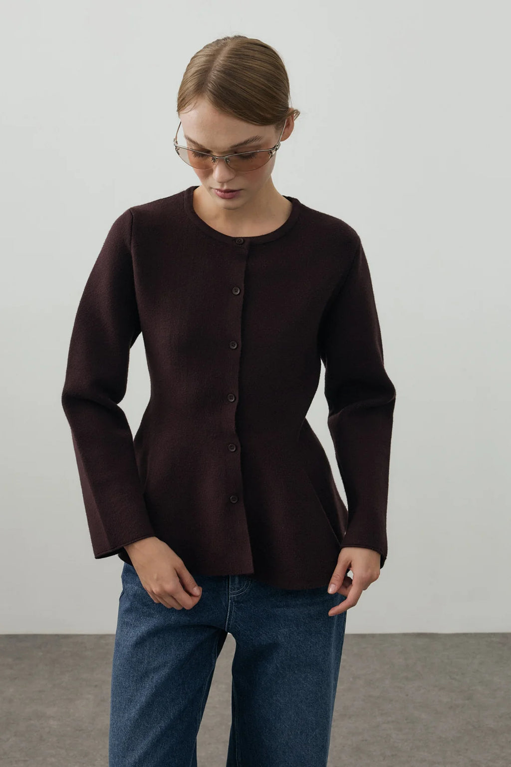 Wavy-Hem Knit Jacket Dark Brown