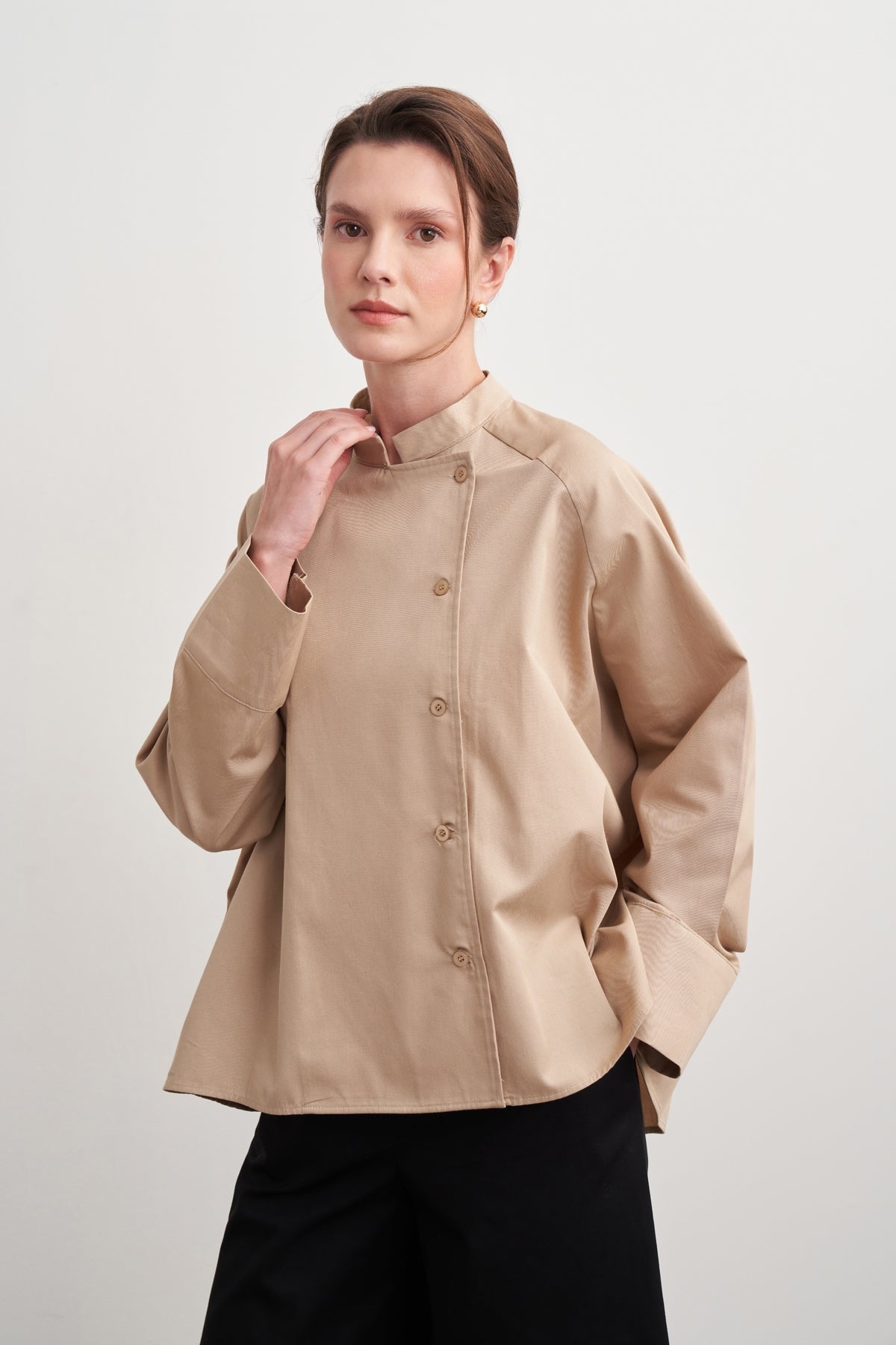 Gabardine Stand-Collar Trench Shirt Camel