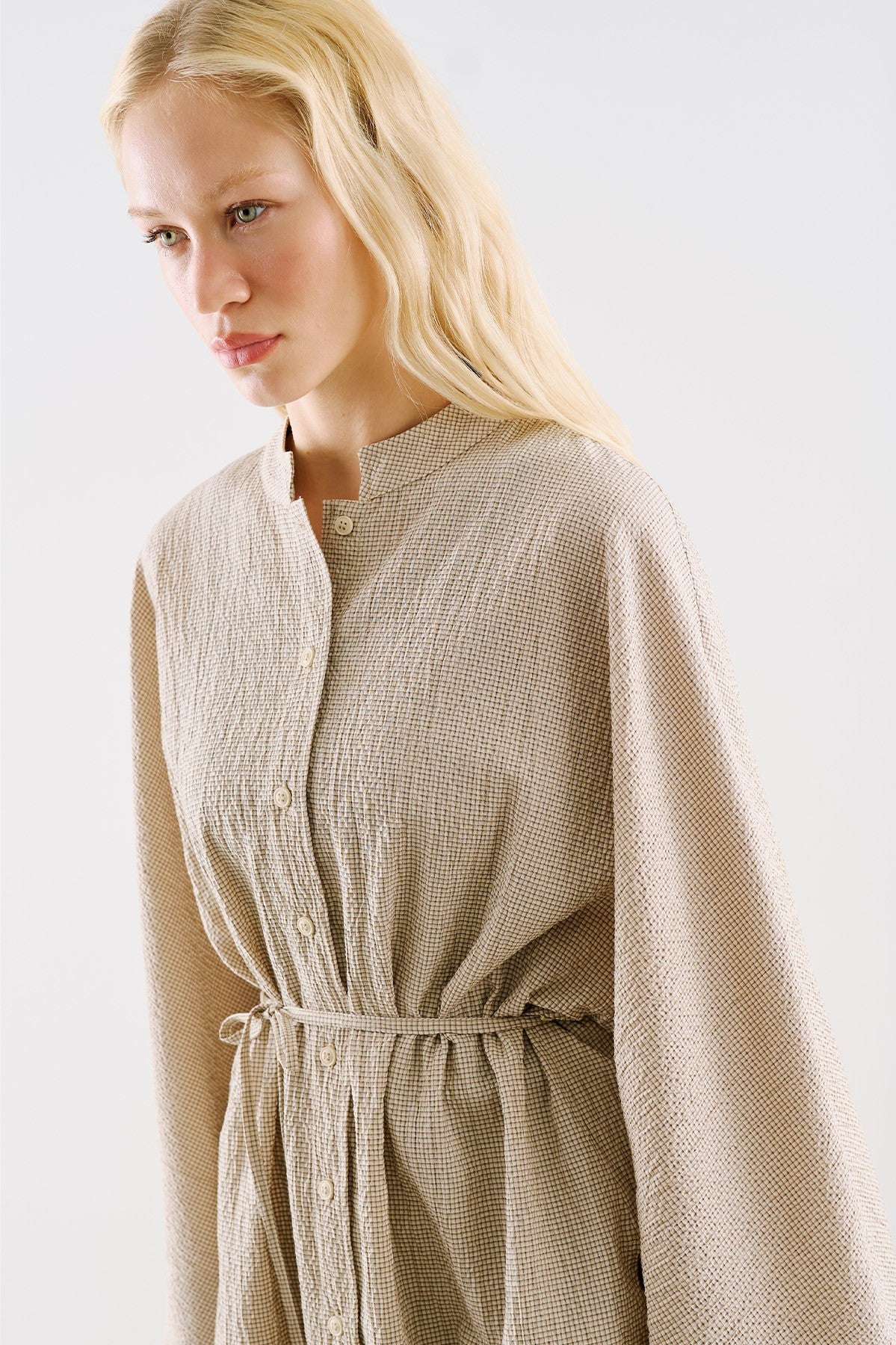 Wide-Sleeve Belted Tunic Beige