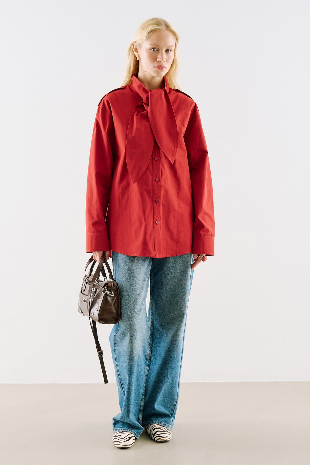Scarf-Tie Collar Shirt Red