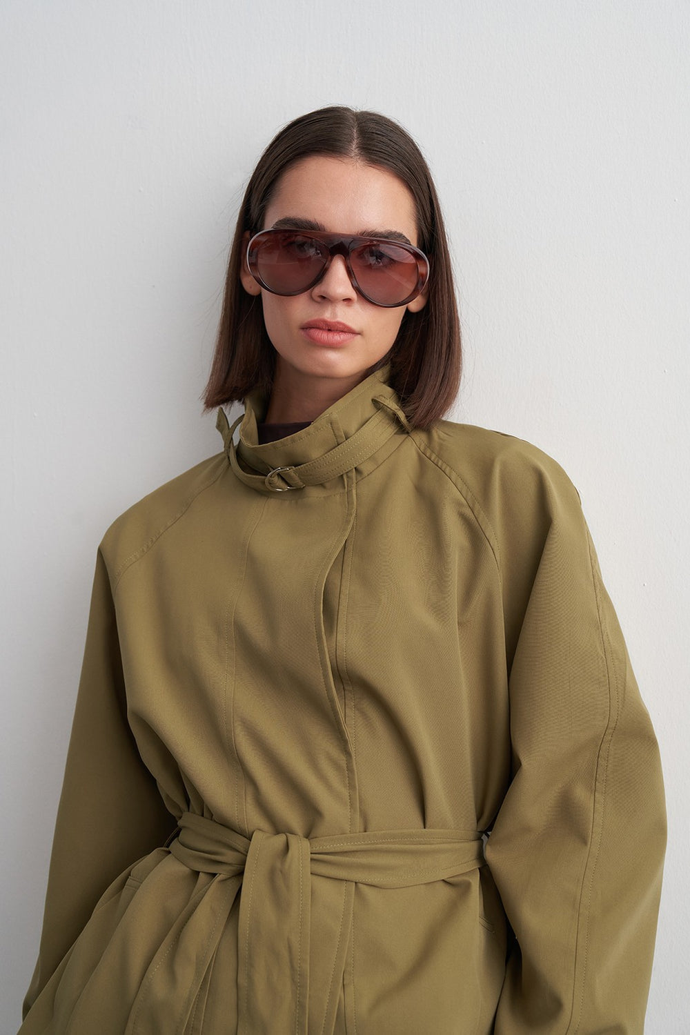 Stand-Collar Mid-Length Trench Coat