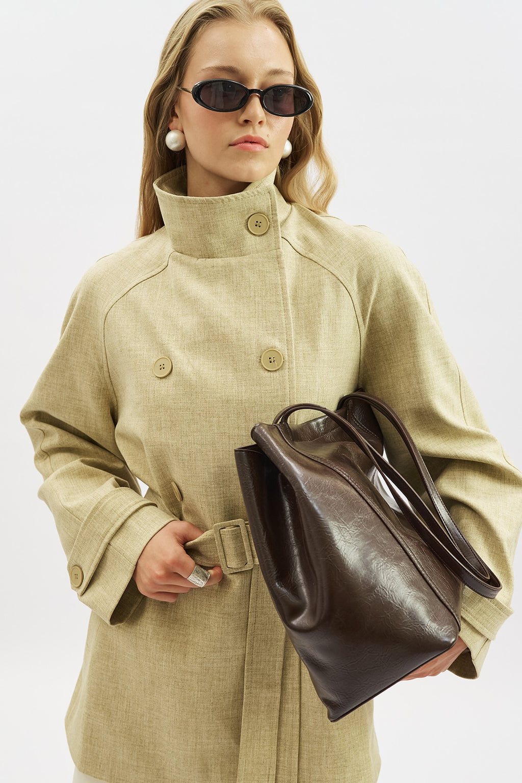 High-Neck Belted Trench Coat Milky Coffee