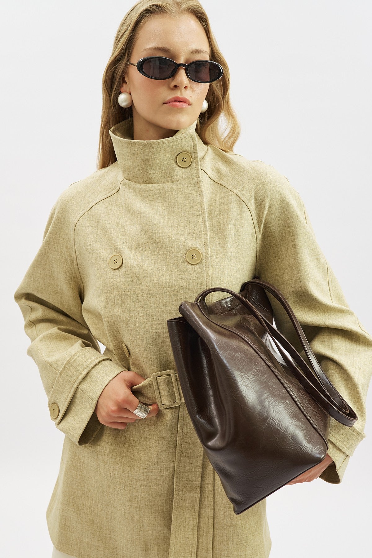 High-Neck Belted Trench Coat Milky Coffee