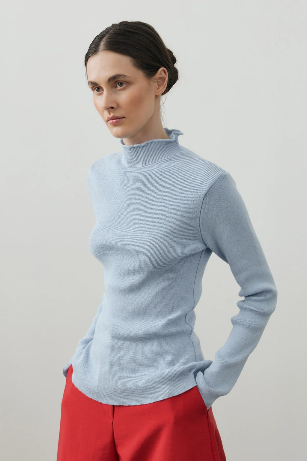Fine-Ribbed Cotton Knit Bodysuit Baby Blue