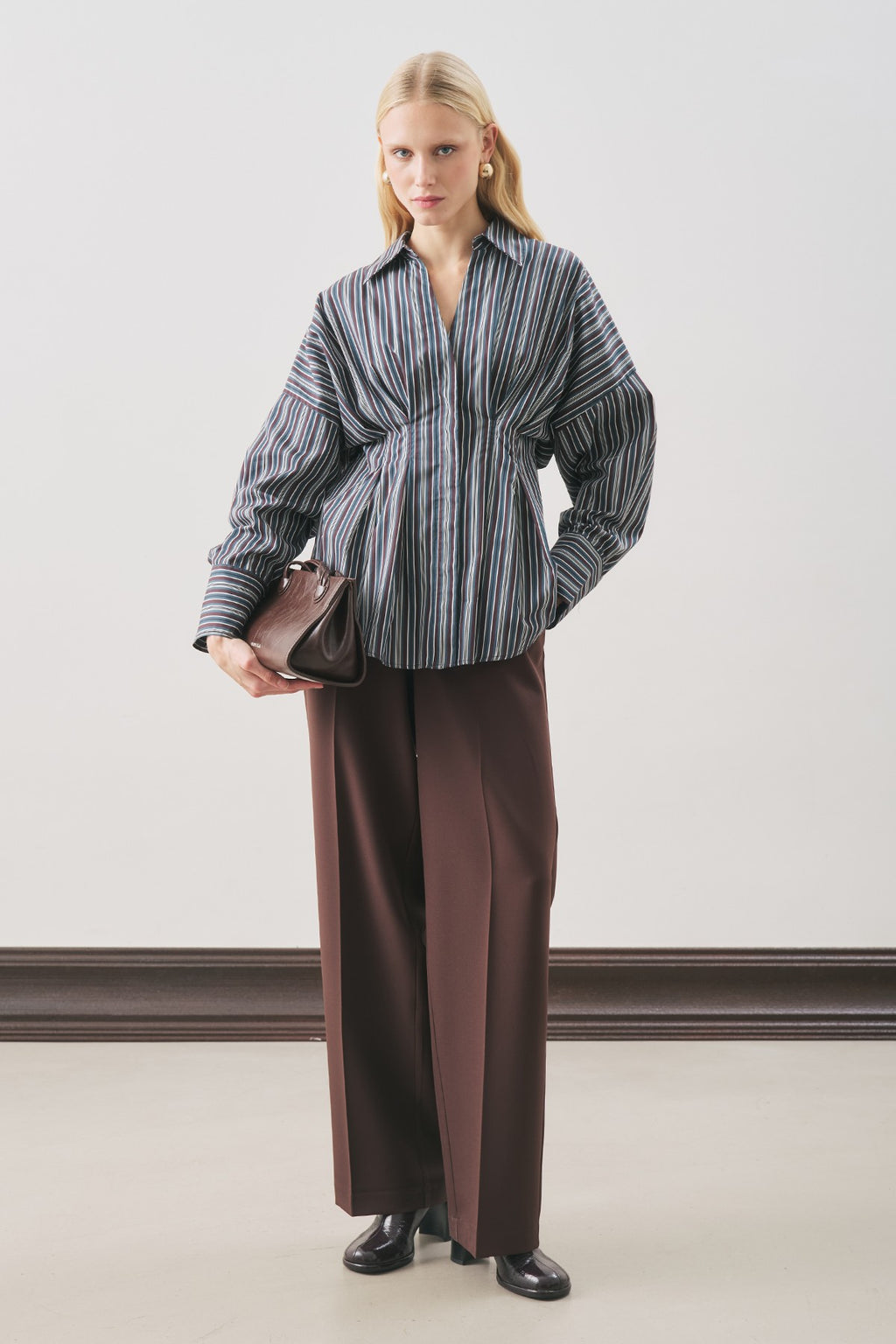 Pleated-Detail Shirt Brown Striped