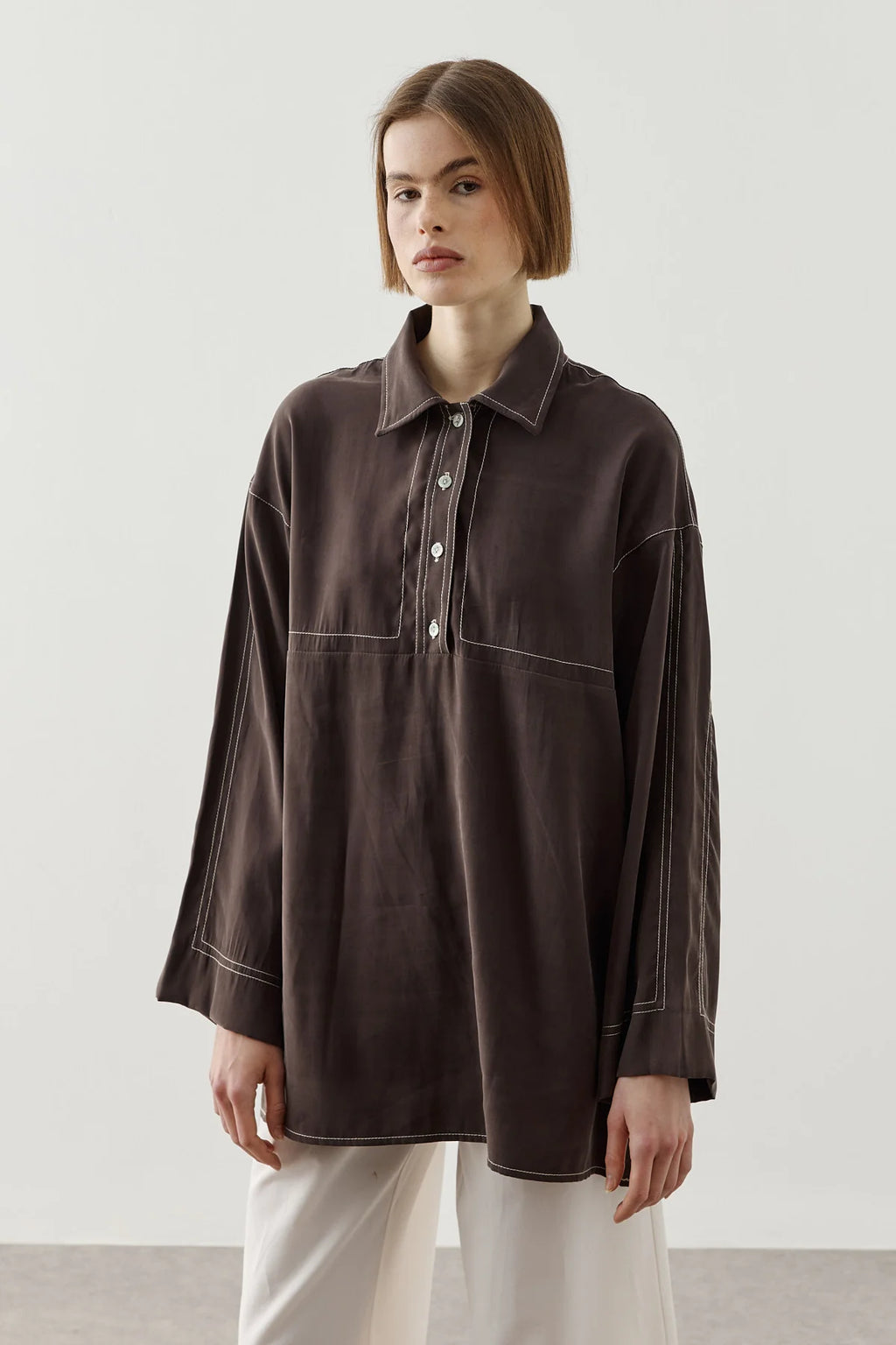 Contrast-Stitch Tencel Shirt Brown