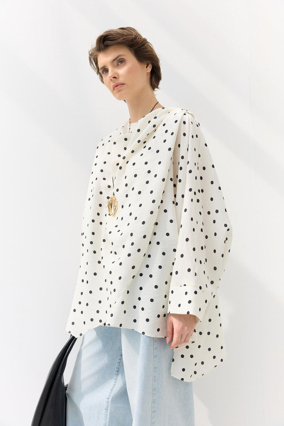 Shawl Collar Polka Dot Patterned Tunic White