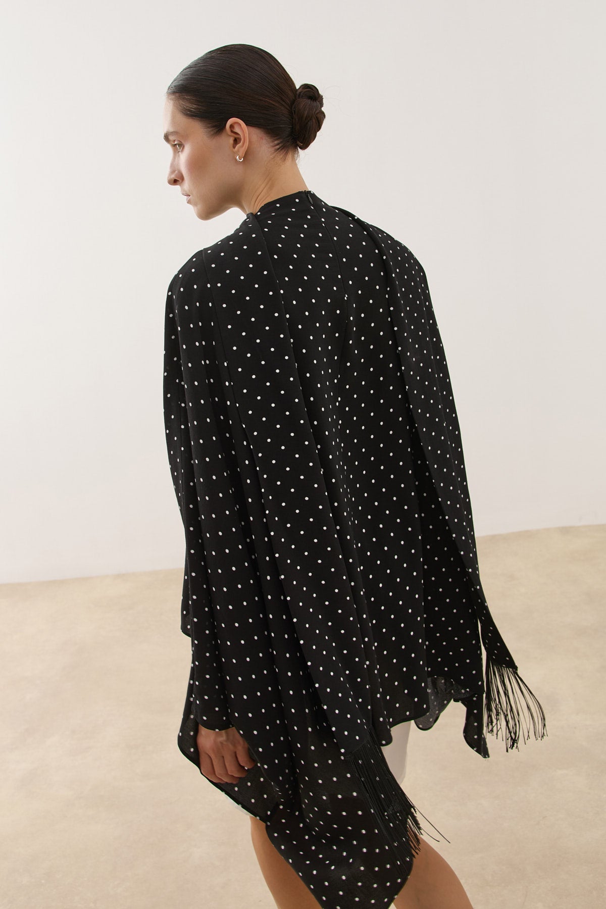 Polka Dot Poncho Blouse with Tassel Scarf Detail Black