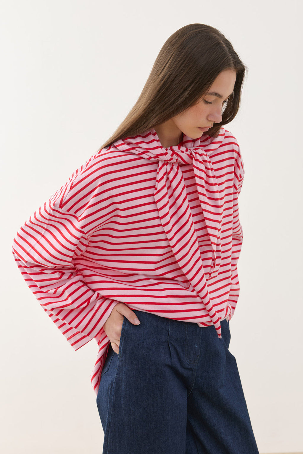 Scarf Detail Striped Long Sleeve Cotton T-Shirt Pink