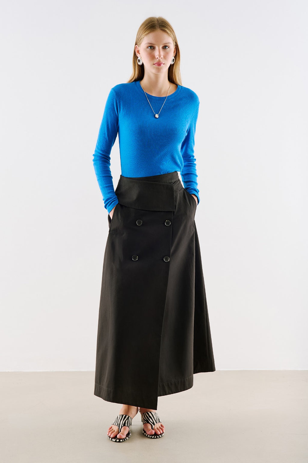 Wrap-Style Button-Detail Skirt Black