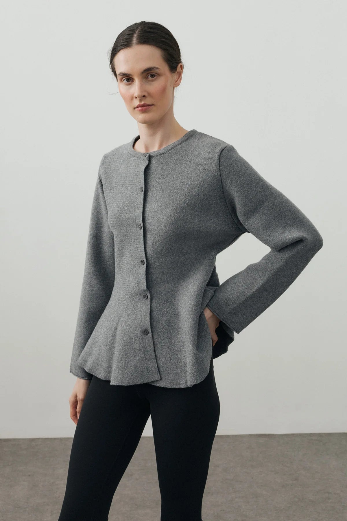Wavy-Hem Knit Jacket Gray