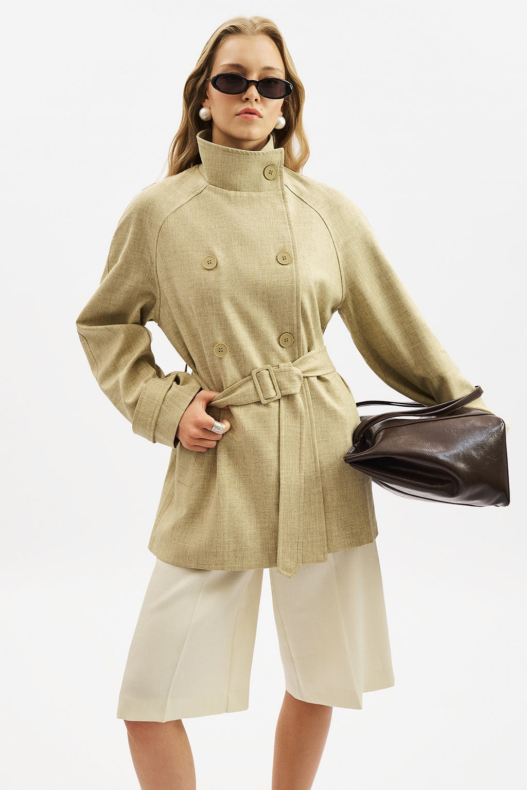 High-Neck Belted Trench Coat Milky Coffee