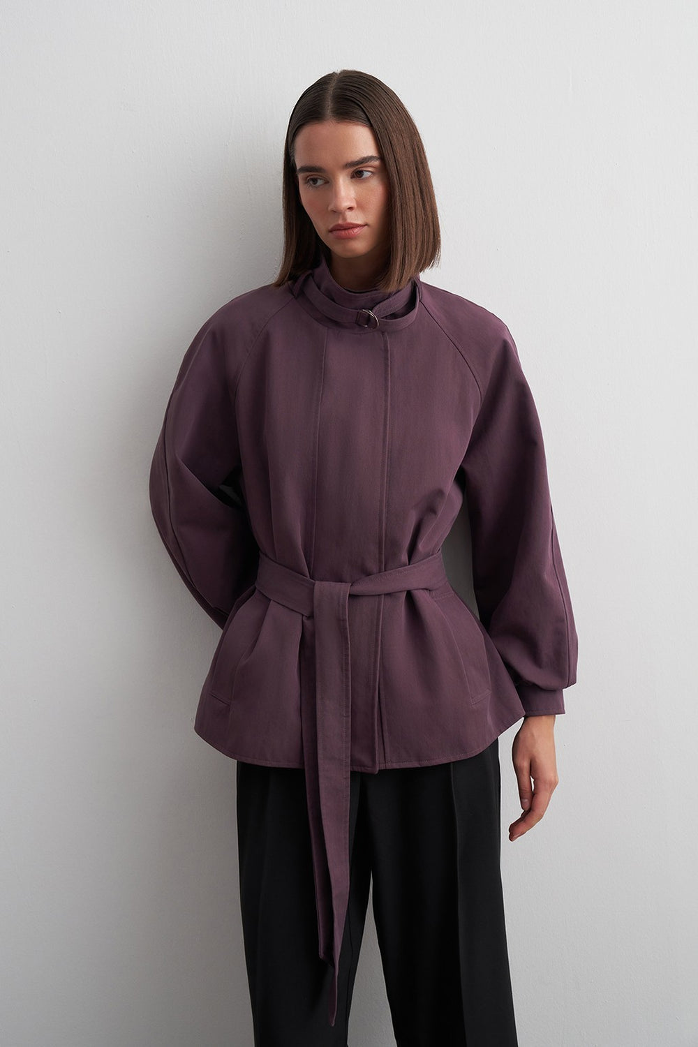 Stand-Collar Mid-Length Trench Coat Plum