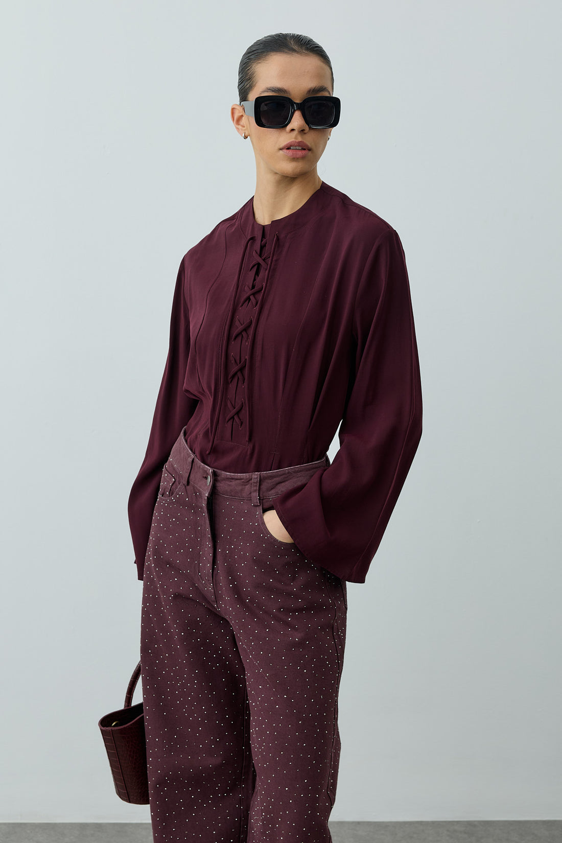 Lace-Up Detail Top Plum
