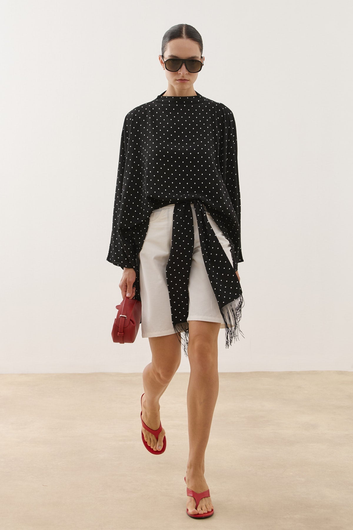 Polka Dot Poncho Blouse with Tassel Scarf Detail Black
