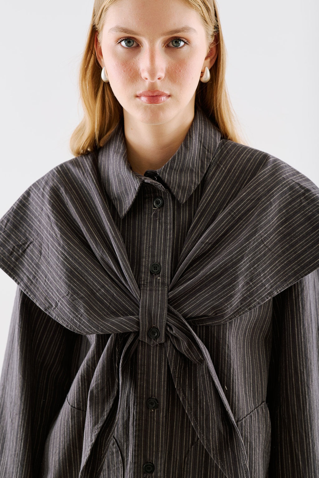 Scarf-Collar Shirt Jacket Black Striped
