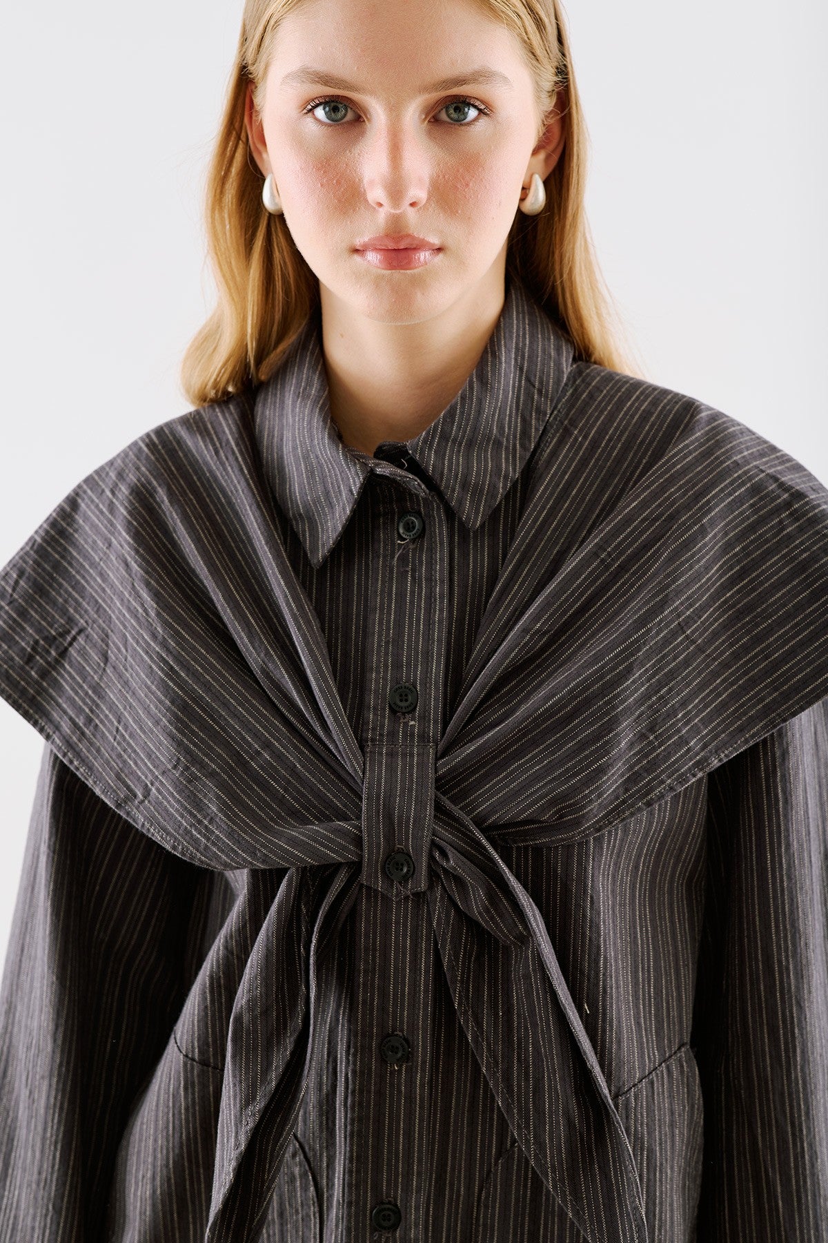 Scarf-Collar Shirt Jacket Black Striped