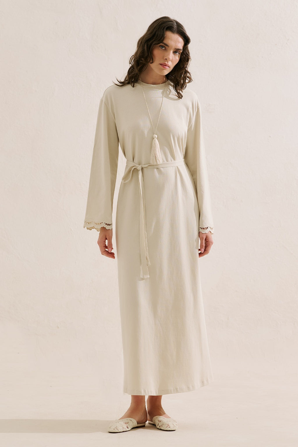 Embroidered Relaxed Dress Beige