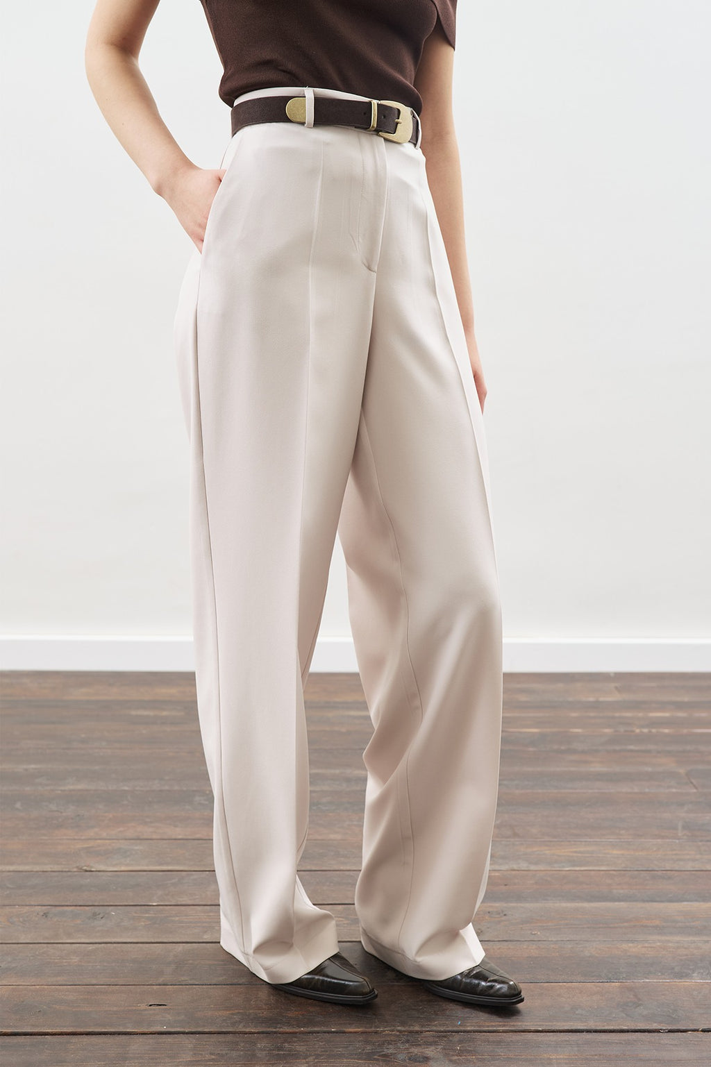 Long-Length Straight-Leg Pants Light Beige