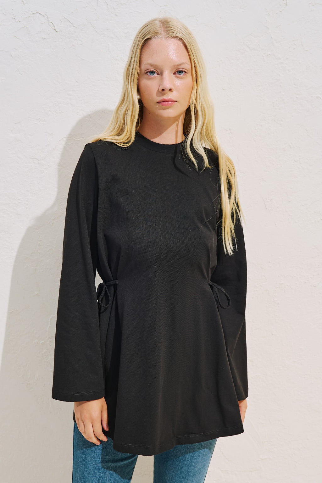 Waist Tie Long Sleeve T-shirt Black