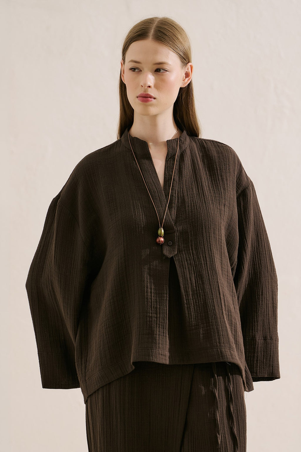 Muslin Wide-Sleeve Blouse Brown